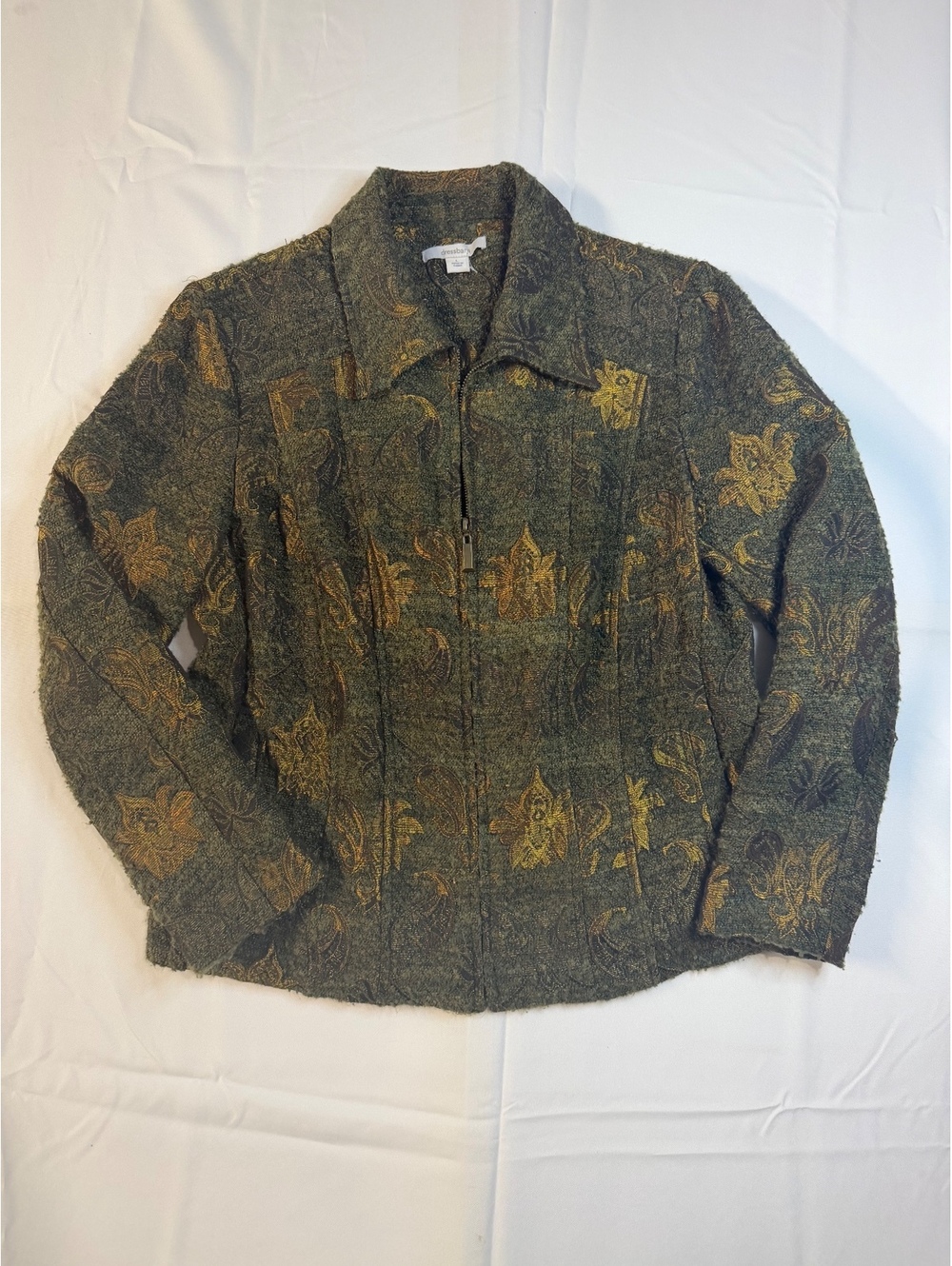 Dressbarn Women's Large Green and Gold Patterned Zip-Up Jacket